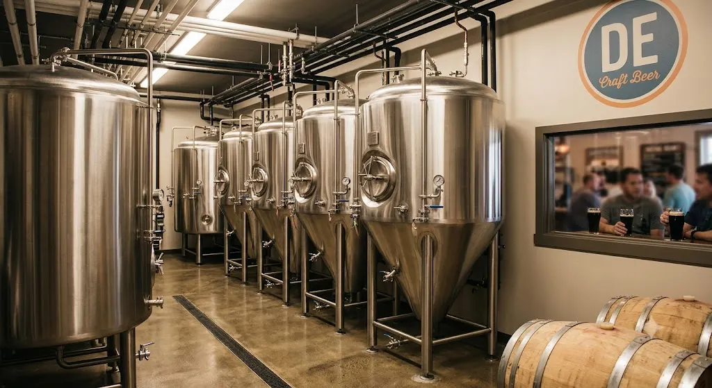 Gleaming stainless steel fermentation tanks inside a Delaware craft brewery